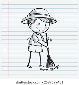 A child happily sweeping leaves with a broom