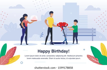 Child Happy Birthday Celebration Trendy Flat Vector Banner, Poster Template. Parents Greeting Preschooler Kid with Birthday, Father Giving Scooter to Son, Mother Holding Holiday Cake Illustration