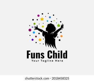 child happy fun enjoy celebration reaching star silhouette black white logo design illustration inspiration