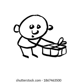 The child is happy with the gift. Hand-drawn funny cartoon character. Black and white vector illustration.