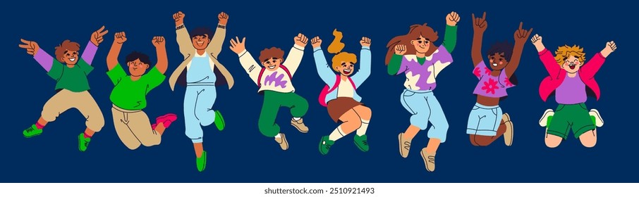 Child happy, kid holiday celebrating. School children jump. Character student. Education cartoon flat isolated. Smile success, cute girl and boy. Vector funny person isolated colorful illustration