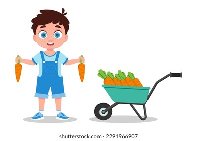 A child with a harvest of carrots, holds carrots in his hands