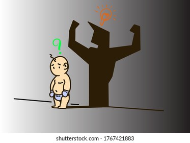 El niño tiene una marca de duda en la cabeza y una sombra de adulto tiene una lámpara en la cabeza.idea de trabajo.