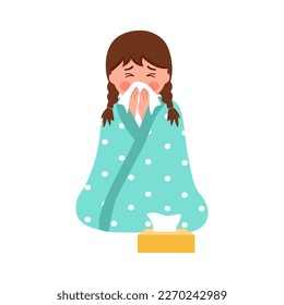 Child has fever and sneezing in tissue paper or handkerchief. Flu or cold allergy symptom.