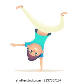 Child has fun and stands upside down on one arm. Boy goes in for sports, Brazilian capoeira. Vector illustration