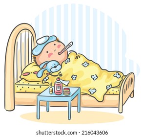 A child has got flu and is lying in bed with a thermometer