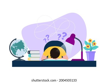 Child has problem with homework, styding is too difficult. Boy tired, sitting with his head on his hands. Need a help with homework. Flat design vector illustration