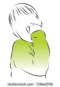 The child has rhinitis, the boy has a sick nose. Colored vector illustration of a rhinitis, allergy, flu.