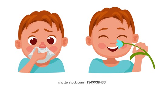 child has a runny nose, Allergy, cold, wipes his nose.  Boy is healthy, sniffs a flower.