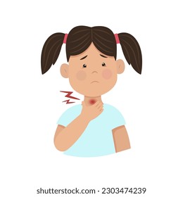 Child has a sore throat, Sad girl holds his neck. Sore throat, inflammation. Vector illustration. Kid infections.