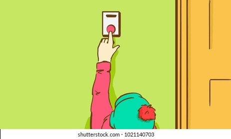 Child in a Hat with Bonbon Pushing a Doorbell Button. Cartoon Vector Sketch In Pastel Colors.