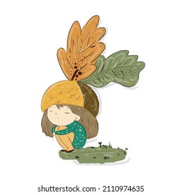 a child in a hat with leaves protects nature