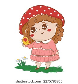 child with a hat of the mushroom of a fly agaric holds a butterfly in his hands in a clearing. Fairytale, cartoon dudl character