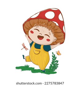 child with a hat mushroom rejoices in a clearing around the pole of butterflies and dragonflies fly. Fairytale cartoon cheerful character