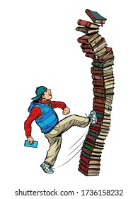 The child hates books. The problem with the education of the boy. Pop art retro vector illustration vitch vintage 50s 60s style