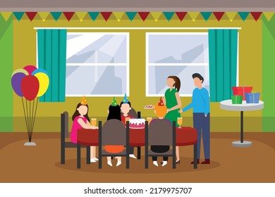 Child having birthday party with his friends in his house