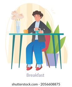 Child having breakfast. Boy sitting at table, eating cereal with milk and drinking tea. Nutrition of teen. Daily routine for schoolboy. Cartoon flat vector illustration isolated on white background