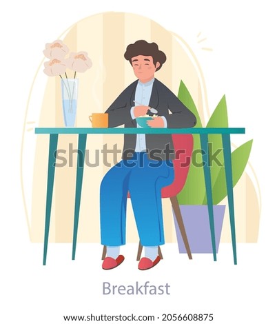 Child having breakfast. Boy sitting at table, eating cereal with milk and drinking tea. Nutrition of teen. Daily routine for schoolboy. Cartoon flat vector illustration isolated on white background