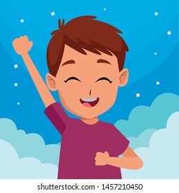 child having fun and playing isolated on sky night with stars and clouds background ,vector illustration graphic design.