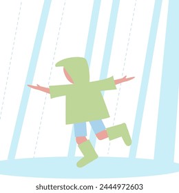 The child is having fun playing in the rain. Climate change. Vector flat illustartion.