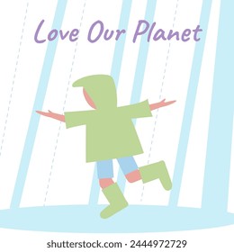 The child is having fun playing in the rain. Climate change. Vector flat illustartion. Square banner.