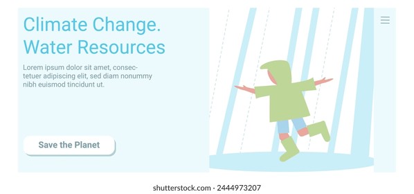 The child is having fun playing in the rain. Climate change. Vector flat illustartion. Rectangular banner.