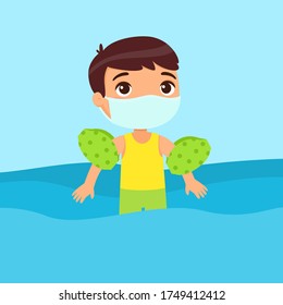 Child having fun in water with a medical mask. Virus protection, allergies consept. Boy swimming with inflatable sleeves flat vector illustration. Cheerful kid enjoying summer activities color cartoon