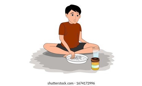 A child is having lunch on the floor - illustration