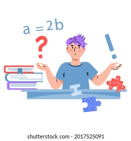 Child having question while studying. Boy sitting at table with confused face expression sitting at table surrounded with question marks, cartoon vector illustration isolated on white background.