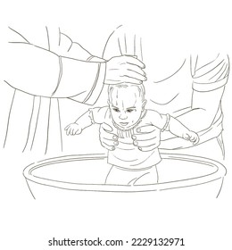 Kind, das Wasser auf den Kopf goss, während es getauft wurde.
