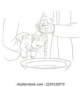 Child having water poured on his head while being baptized.