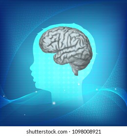 Child head with brain. Vector mecdical illustration. Blue science background.