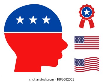 Child head icon in blue and red colors with stars. Child head illustration style uses American official colors of Democratic and Republican political parties, and star shapes.