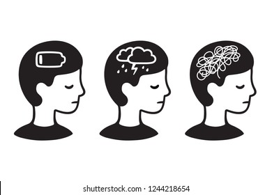 Child Head Profile With Mental Illness Symptoms: Depression, Anxiety, Low Energy. Black And White Drawing Of Mental Health Problems.