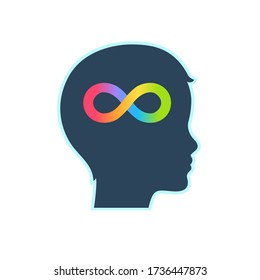 Silueta de perfil de la cabeza infantil con símbolo de infinito arcoiris. Trastornos del espectro autista y conciencia de la neurodiversidad.