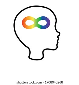 Silueta de perfil de la cabeza infantil con símbolo de infinito arcoiris. Conciencia y aceptación de la neurodiversidad. 