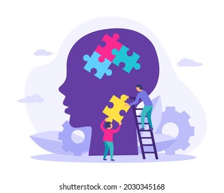 Child head silhouette with colorful puzzles and tiny people, gear, leaves, clouds isolated on white background. World autism awareness day. Health care concept. Design for infographic, banner, card.