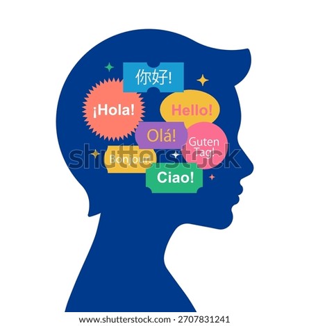 Child head silhouette with multilingual speech bubbles. Language learning and early education concept. Simplicity vector illustration, isolated.