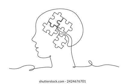 Child head silhouette with puzzles continuous one line symbol drawing. World autism awareness day. Health care concept. Design for infographic, banner, card.