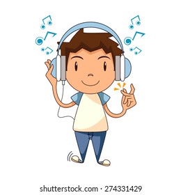 Child with headphones, listening to music, vector illustration