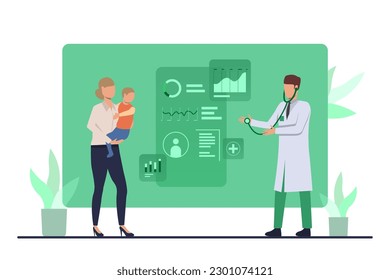 Child health checkup vector illustration. Doctor examining kid in mothers arms with stethoscope, asking for symptoms. Health infographics, medical checkup, health care concept