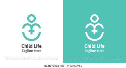 Child health logo design illustration. Silhouette plus cross people medic care support help clinic midwife. Modern minimal abstract linear line simple icon symbol.