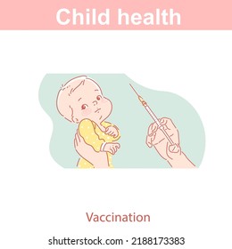 Salud infantil. Una enfermera le da una inyección a un niño o niña. Vacunación. Jeringa para sujetar la mano, el niño recibe la vacuna Medicamento, inyección. Prevención de enfermedades peligrosas. Ilustración del vector de color.