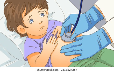 Niños con problemas de salud. Colic. Dairea. Intoxicación alimentaria. Bacterias en el intestino. Frío. Problemas de salud. Cita de pediatra. Revisión pediatra. Ilustración médica. Ilustración vectorial.