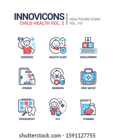 Child health - vector line design style icons set. Children healthcare mobile app idea. Exercises, healthy sleep, development, hygiene, newborn, first aid kit, pedodontist, flu, vitamins images