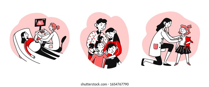 Child healthcare set. Pregnant woman ultrasound scan, family, pediatrician. Flat vector illustrations. Medicine, hospital, examination concept for banner, website design or landing web page
