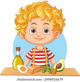 Child with healthy food options on table