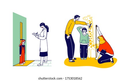 Child Height Measuring Concept. Doctor Character Writing In Notebook, Little Girl Stand At Wall With Scale. Parents Measure Son Height At Giraffe Meter, Baby Growing. Linear People Vector Illustration