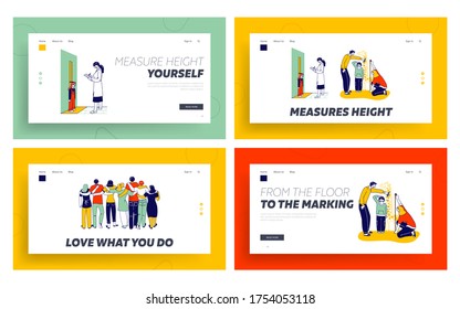Child Height Measuring, Friends Hugs Landing Page Template Set. Parents and Doctor Characters Measure Kids Height at Wall with Scale. People Group Stand in Row Embracing. Linear Vector Illustration