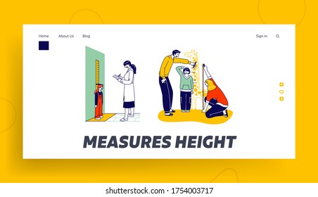 Child Height Measuring Landing Page Template. .Doctor Character Writing In Notebook, Little Girl Stand At Wall With Scale Parents Measure Son Height At Giraffe Meter. Linear People Vector Illustration